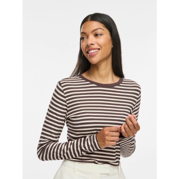 Vila T-shirt L/Æ - brun/sand striber - Dame - T-shirts - VILA