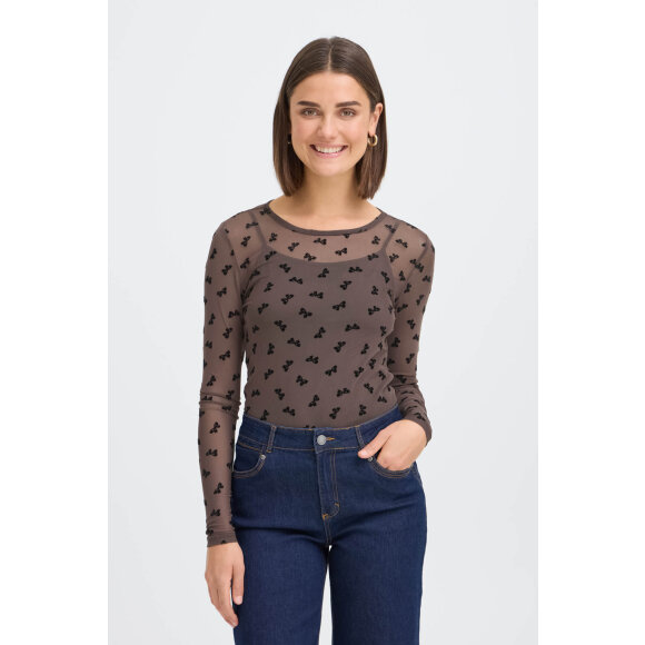 Fransa mesh bluse - brun/sløjfe - Dame - Bluser - FRANSA