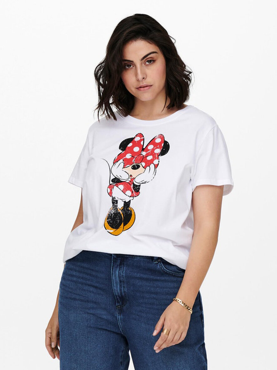 Super Minnie print Mouse. blød Carmakoma. Rund Disney ONLY T-shirt foran af med