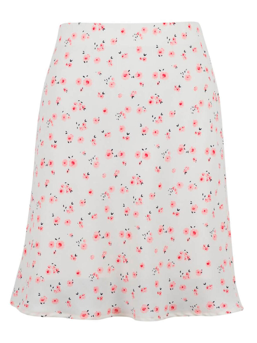 ekskrementer Goodwill Kontur Neo Noir. Smuk hvid nederdel med pink blomsterprint. Bred elastik i taljen.  Løs